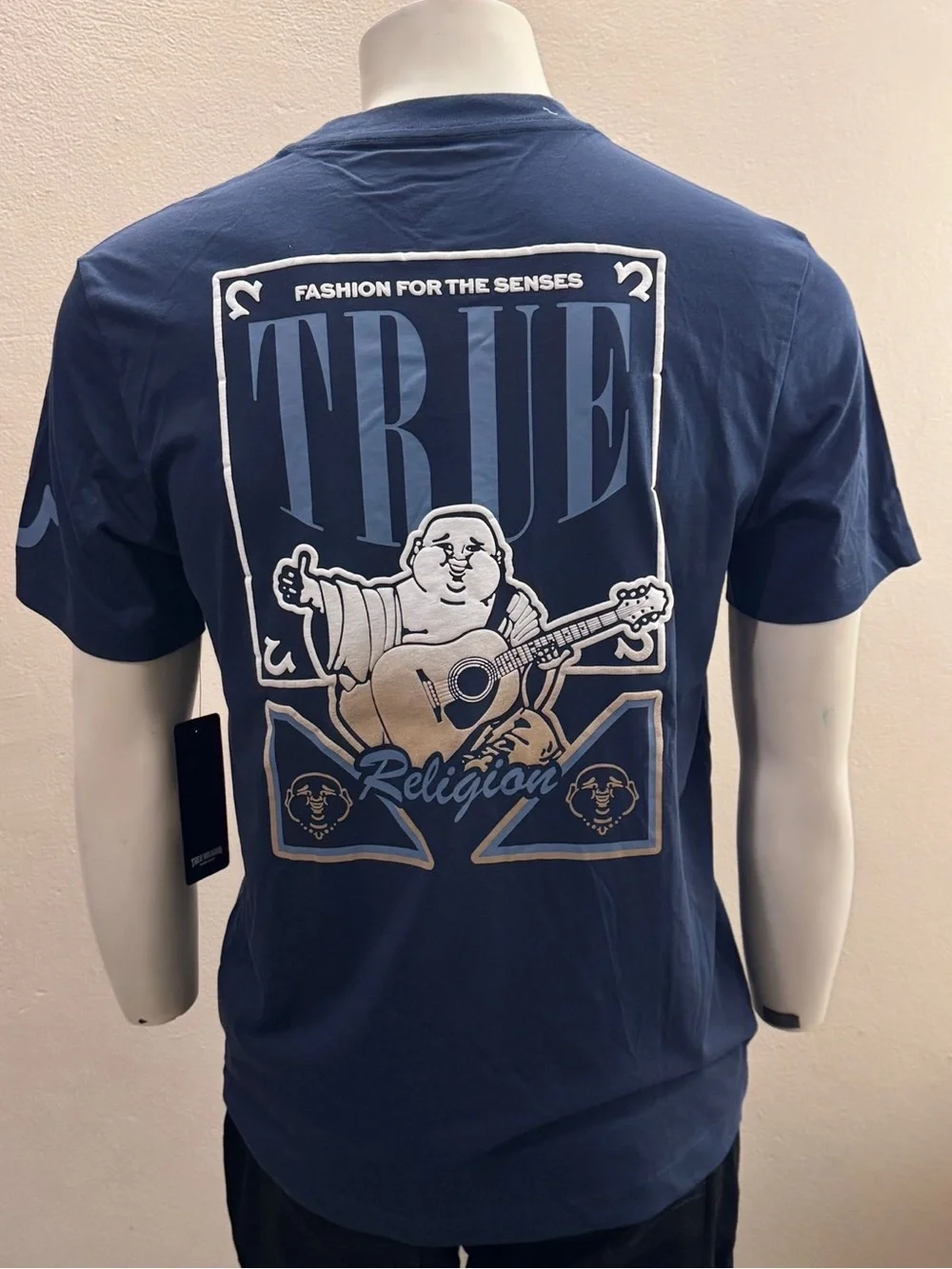 True Religion Mens Ombre Buddha Graphic Tee Navy Blue Short Sleeve Size M New